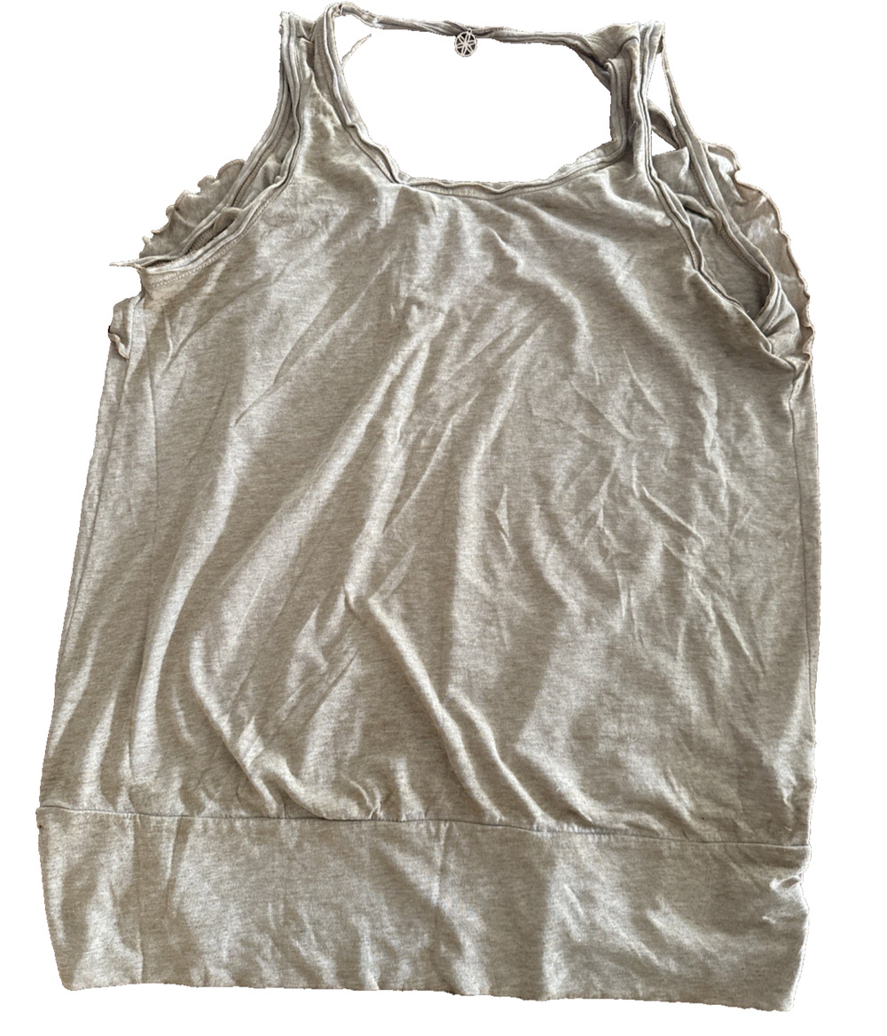Gaiam Ruffle Trim Cowl Back Yoga Tank Top Gold Tan Women's M Athletic EUC